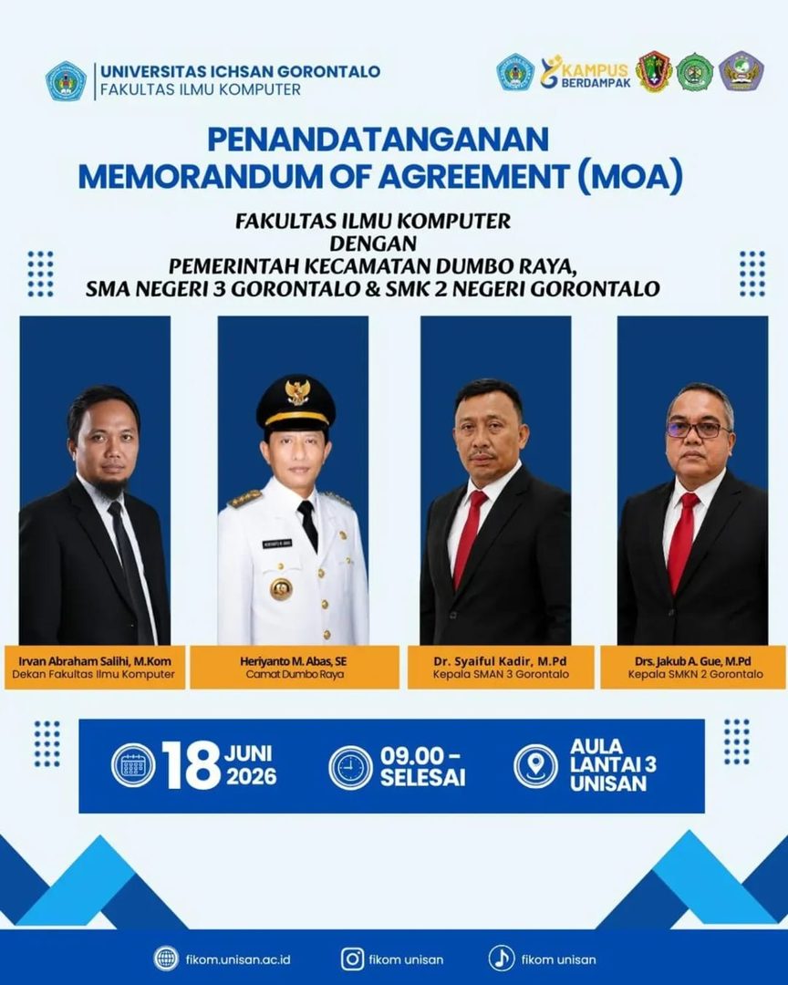 Fakultas Ilmu Komputer Unisan Gorontalo Gelar Seminar Teknologi dan Tandatangani MOA dengan Pemerintah Kecamatan Dumbo Raya serta Dua Sekolah